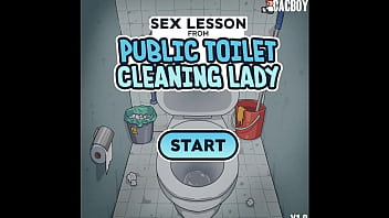 Горячая милфа-уборщица-изменщица учит застенчивого паренька заниматься сексом в общественном туалете