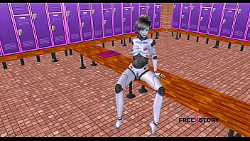 Анимированное 3D мультяшное порно видео - девушка-сексбот-робот принимает сексуальные позы, а затем скачет на мужском члене в позе обратной наездницы.