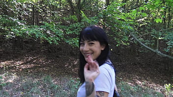 TEEN GOTH SLUT CATCHES MONSTER BLACK COCK IN THE WOODS