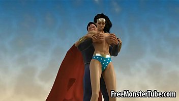 3D Wonder Woman lutscht an Supermans hartem Schwanz